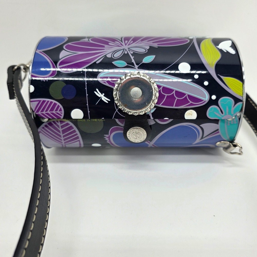 2011 Little Earth Metal Purse Purple Floral Dragonfly Butterfly Barrel Bag